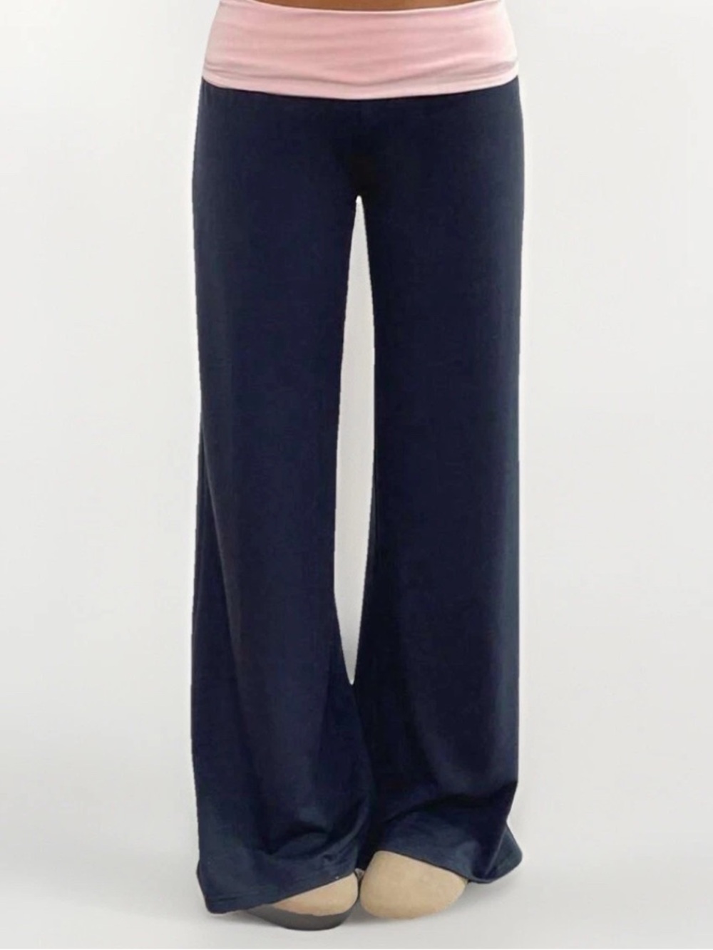 Women Sz L Navy Pink Waistband Foldover Flared Sweatpants Lounge Yoga New Cotton